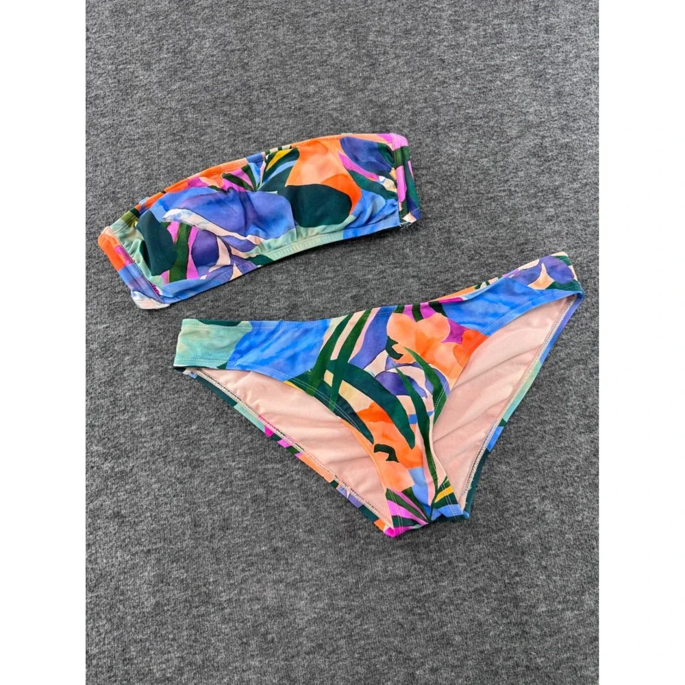 Kona Sol Tropical Floral Bandeau Bikini Set Blue Orange M Top L Bottoms